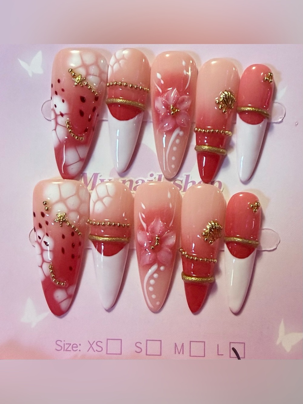 Coral Pink Ombre Gel Nail Set with Gold Accents